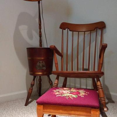 Vintage Bucket Lamp, Wood Rocking Chair, And Upholstered Footrest