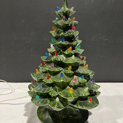 Vintage Handmade & Signed Ceramic Light Up Christmas Tree W/ Music Box 