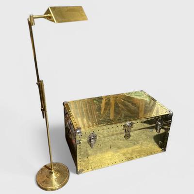 Vintage Hollywood Regency Brass Chest & Vintage Adjustable Tent Shade Brass Floor Lamp 