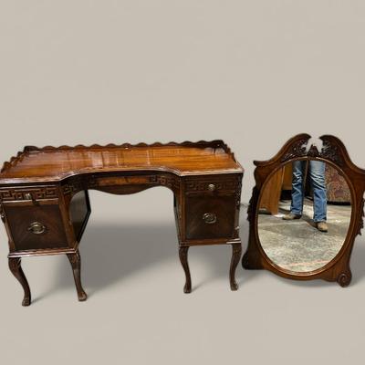 Antique Walnut Vanity W/ Matching Wall Mirror 