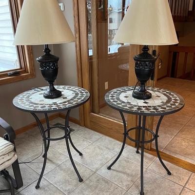 Stone Mosaic & Metal Side Tables W/ Table Lamp Pair 