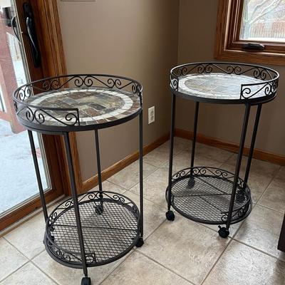 Stone Mosaic Two Tier Tea Cart/Side Tables On Casters ~ Set Of 2 