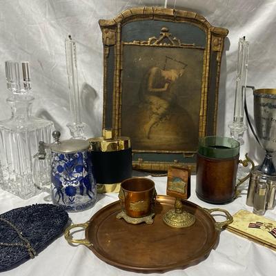 Antique Painting & Vintage Cigarette Holder, Trophy Cup, Handmade Purse, Oil Lamp Candles & More