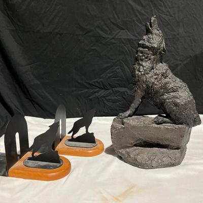 Howling Wolf Sculpture 1 Of 1 & Wolf Book Ends 