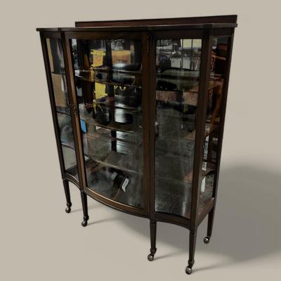Antique Curved Glass Display Cabinet On Casters 