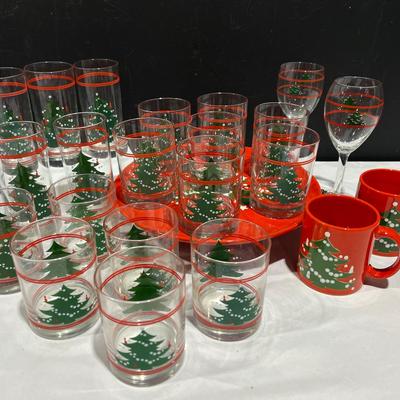 Vintage Waechtersbach Germany Christmas Tree High & Low Glasses, Mugs & Serving Tray 