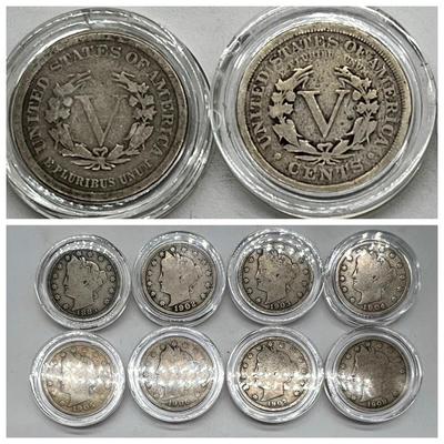 (8) Liberty V Five Cent Coins including Original 1883 “No Cents” Nickel