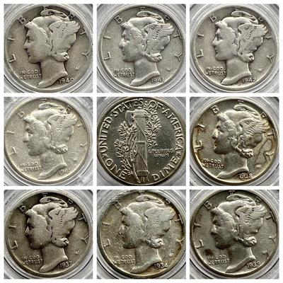 (8) Silver Mercury Dimes 1934 - 1943