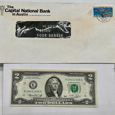 Crisp 1976 Two Dollar Bill & Commercial Aviation Stamp — Open Envelope