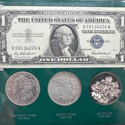 The Silver Story: 1957 Silver Certificate, Morgan 1921 Silver Dollar, 1922 Peace Dollar & Granules