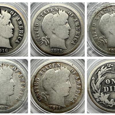 (5) Silver Barber Dimes 1911-1916