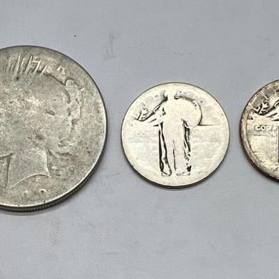 1922 Silver Peace Dollar & (2) Standing Liberty Quarters — Worn