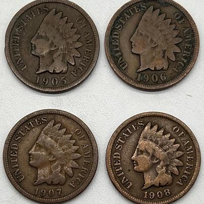 (4) Indian Head Pennies 1905-1908