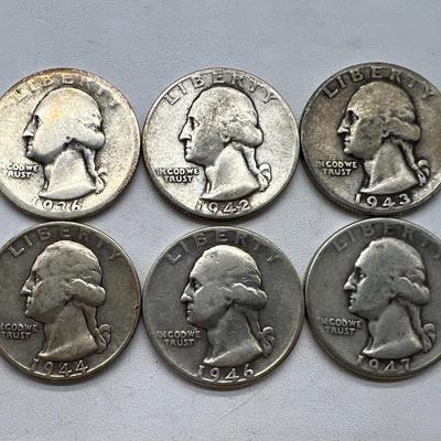 (6) Silver Washington Quarters 1936-1947