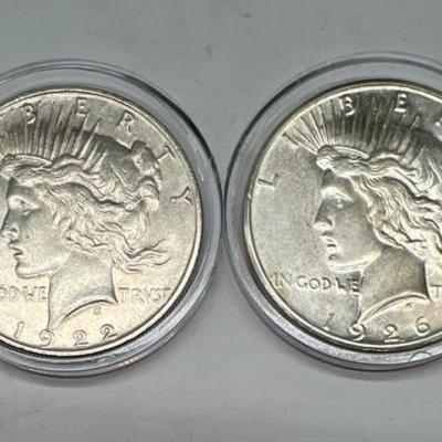 (2) Silver Peace Dollars — 1922D & 1926S