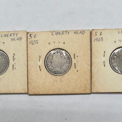 (3) Antique Liberty Head Nickels — Early 1900s