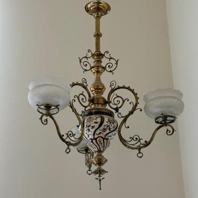 Mid Century Brass and porcelain 3 light chandelier 