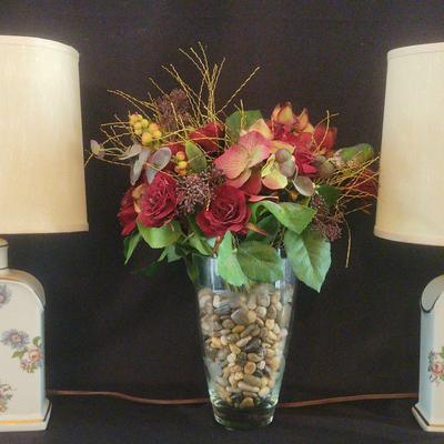 Pair Of Porcelain Floral Table Lamps With Faux Arrangement
