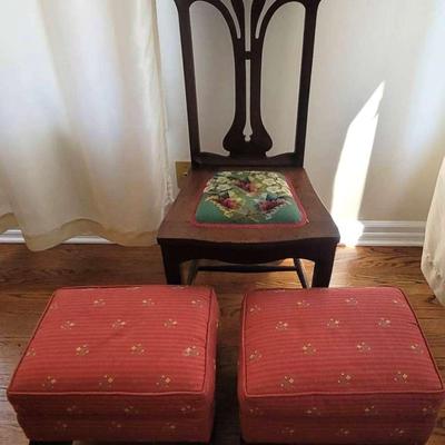 Antique Walnut Needlepoint Desk Chair And Two Upholstered Foot Stools
