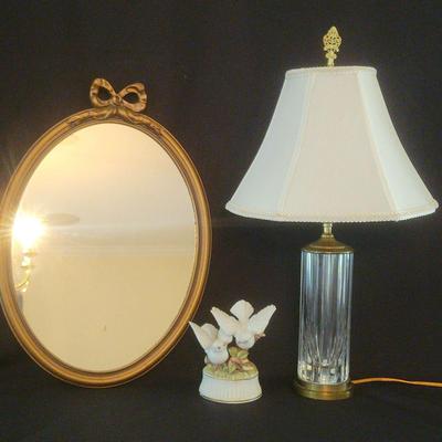 Lefton Dove Music Box, Waterford Lismore Crystal Lamp, And Gilded Oval Mirror