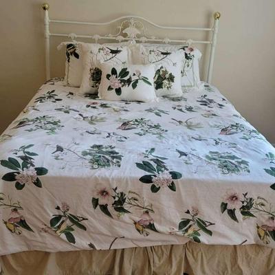 Queen Size Bed With Iron Headboard, Mattress Set, And Bedding