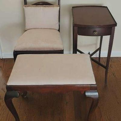 Queen Anne Style Bench, Wooden Side Table, And Ladderback Dining Chair 