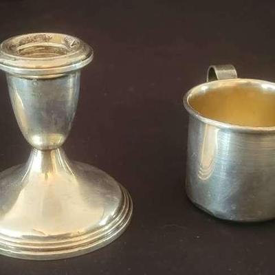 Sterling Cup And Weighted Sterling Candle Stick Holders With One Matching Cup 