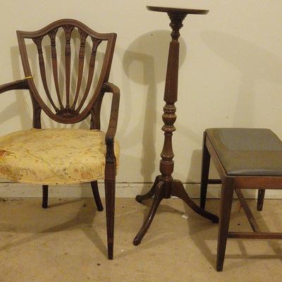 Shield Back Dining Armchair, Wooden Plant Stand, And Bench