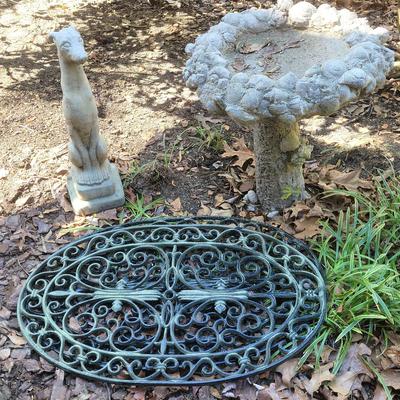 Cement Birdbath And Garden Statue With Metal Doormat