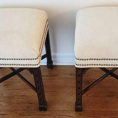 Hickory Chair Co. Pair Of Upholstered Stools With Nailhead Trim