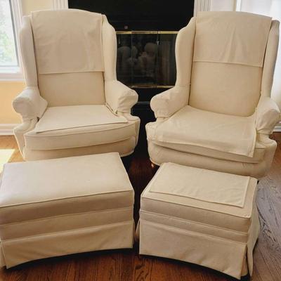 Queen Anne Style Cream Upholstered Wingback Chairs With Ottomans