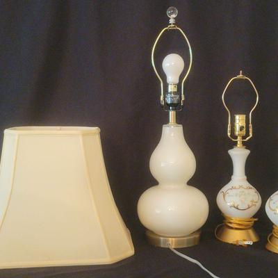 Pair Of Satin Glass Floral Lamps And Double Gourd Lamp