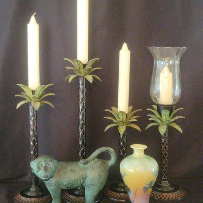 Decorative Palm Tree Candle Holders, Monkey Figurine, And Andrea By Sadek Vase