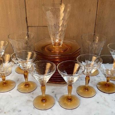 13 Gorgeous Amber Octagonal Plates With Misc. Crystal Stemware