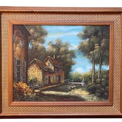 Painting By Romberg Framed In Cute Wicker & Wood * Certified Original Oil Painting