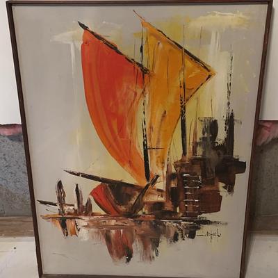 Vintage Wooden-Framed Signed Crashed Sailboat Painting