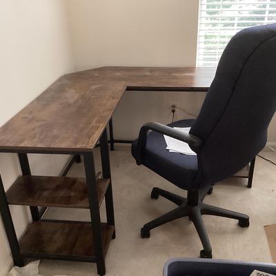 Wood Tone & Metal Corner Desk With Office Chair