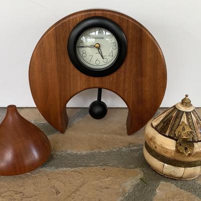 Decorative Wooden Clock, Small Vase and Composite & Brass Lidded Trinket Box