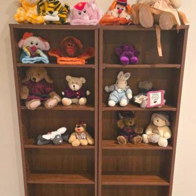 Vintage Plush Hand Puppets (6) and Bears including Boyds with Pair of Adjustable Shelving Units