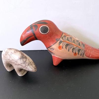 Navajo Pottery Horse Hair Stone Bear Sculpture With Vintage Tonala Tucan Clay Folk Art Figurine