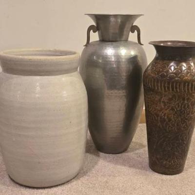 Large Floor Vases (3) in Metal and Stoneware
