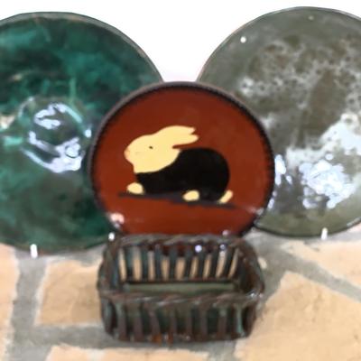 Ned Foltz Redware Bunny Plate + Unmarked Pottery