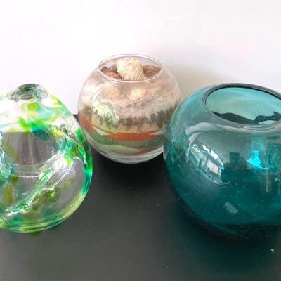 Heavy Hand Blown Glass Vase with Signed Art Glass Vase and Sand Art