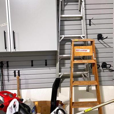 Ladders (2) with Homelite Blower and Trimmer, Accessories 
