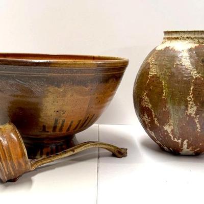 Hand Spun Pottery Darrow Punch Bowl with Ladle and Vase
