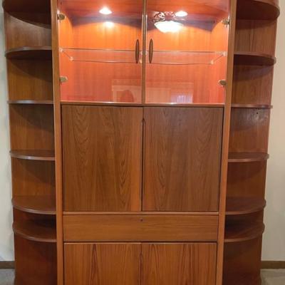 Danish Modern Style Teak Lighted Wall Entertainment Unit