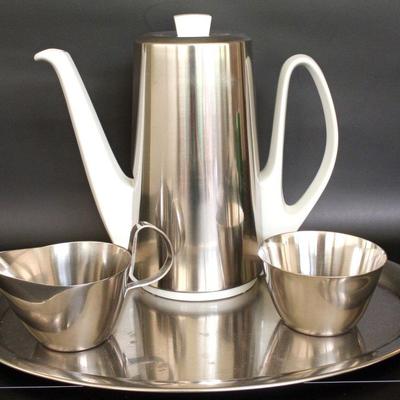 MCM Bauscher Weider Insulated Teapot with Fraser's Cream & Sugar and WMF Cromargan Platter