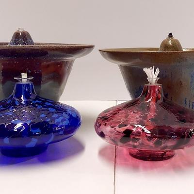 Pigeon Forge Pottery Oil Lamps With Signed 2001 Vines Crackeled Glass Lamps