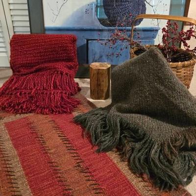 Home Decor with Area Rugs, Throw Blankets, Wood Doorstop, Basket, Print By P. Eble Campanelli