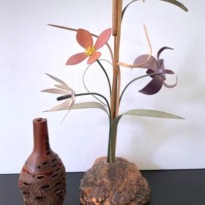 MCM Wood Wildflowers In Sculptural Oak Vase With Hand Carved Banksia Seed Pod Vase